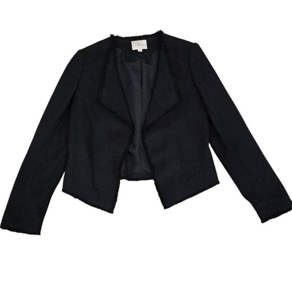 Ann Taylor LOFT Tweed Soft Fringe Detail Trim Black Draped Blazer Women's 6 - Picture 1 of 6